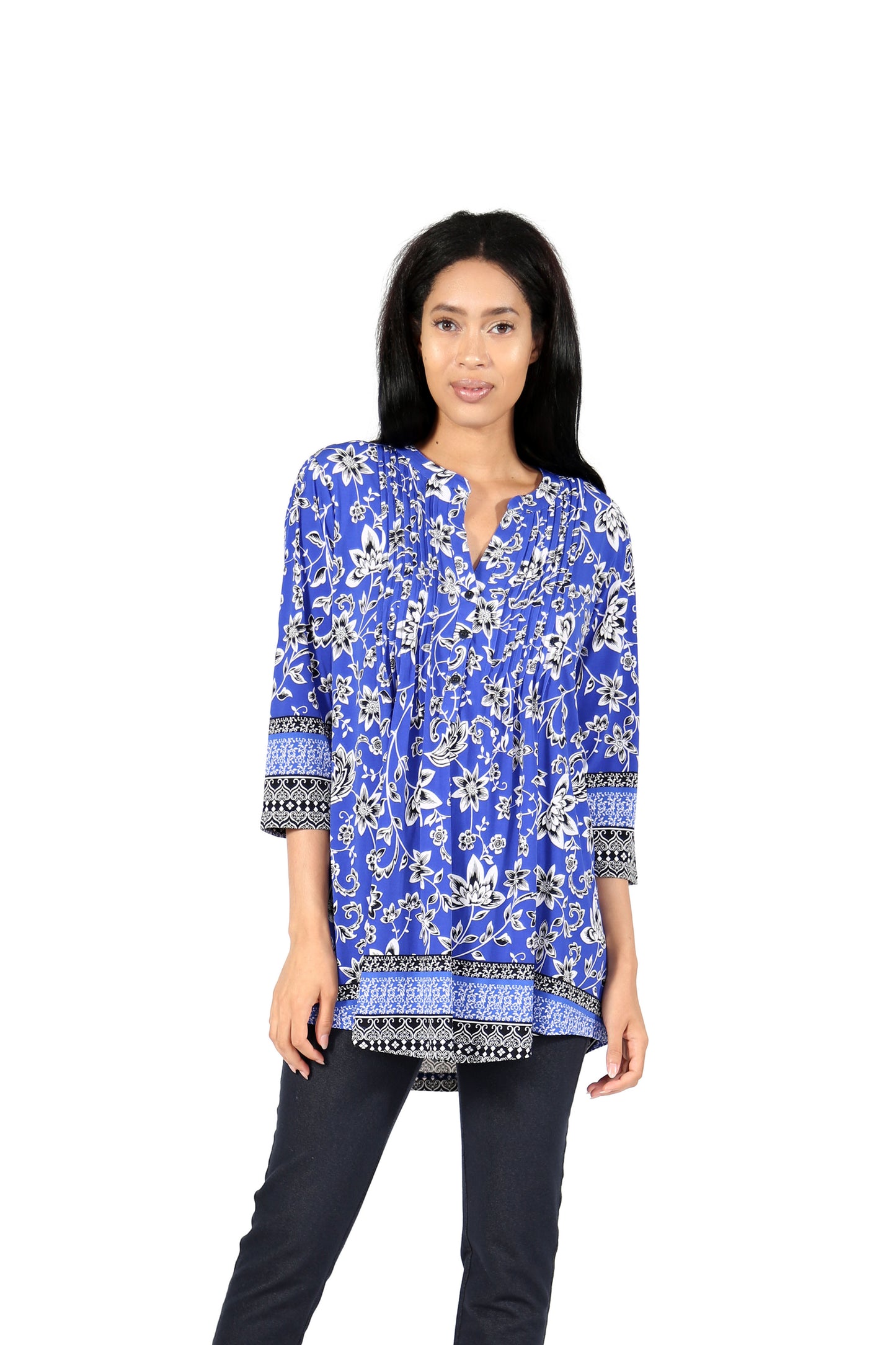 La Cera Pleat Front Printed Tunic With Border Print - La Cera