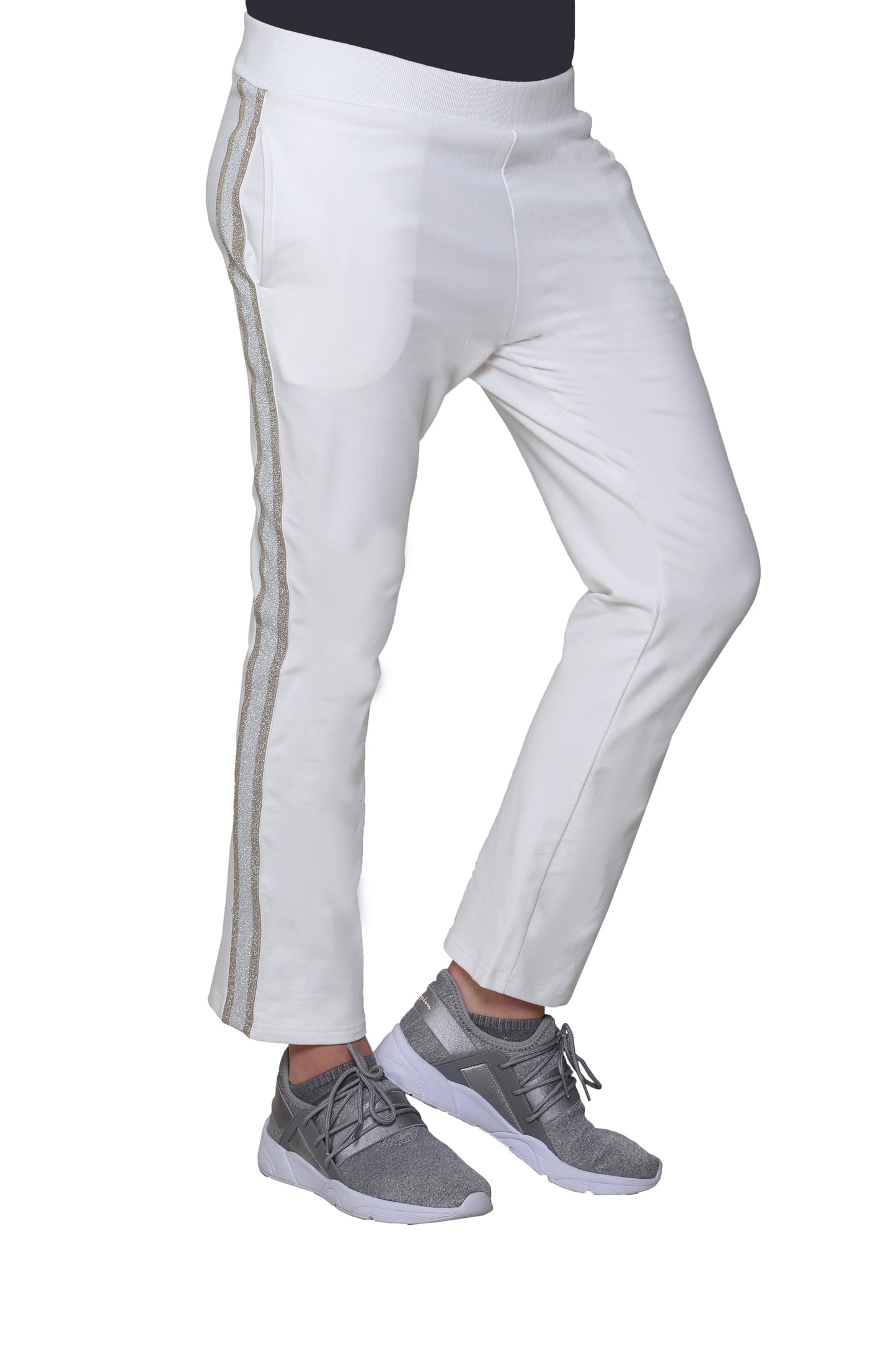 Pantalón de rizo francés con ribete de rayas tipo esmoquin de lúrex