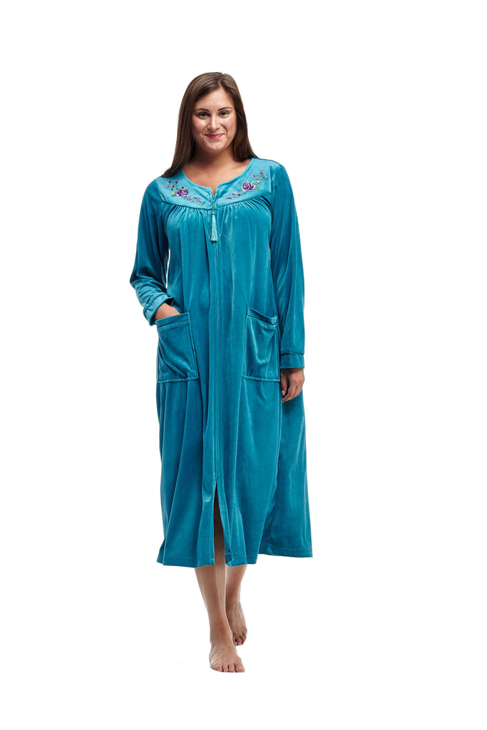 La Cera Zip Front Embroidered Yoke Robe - La Cera