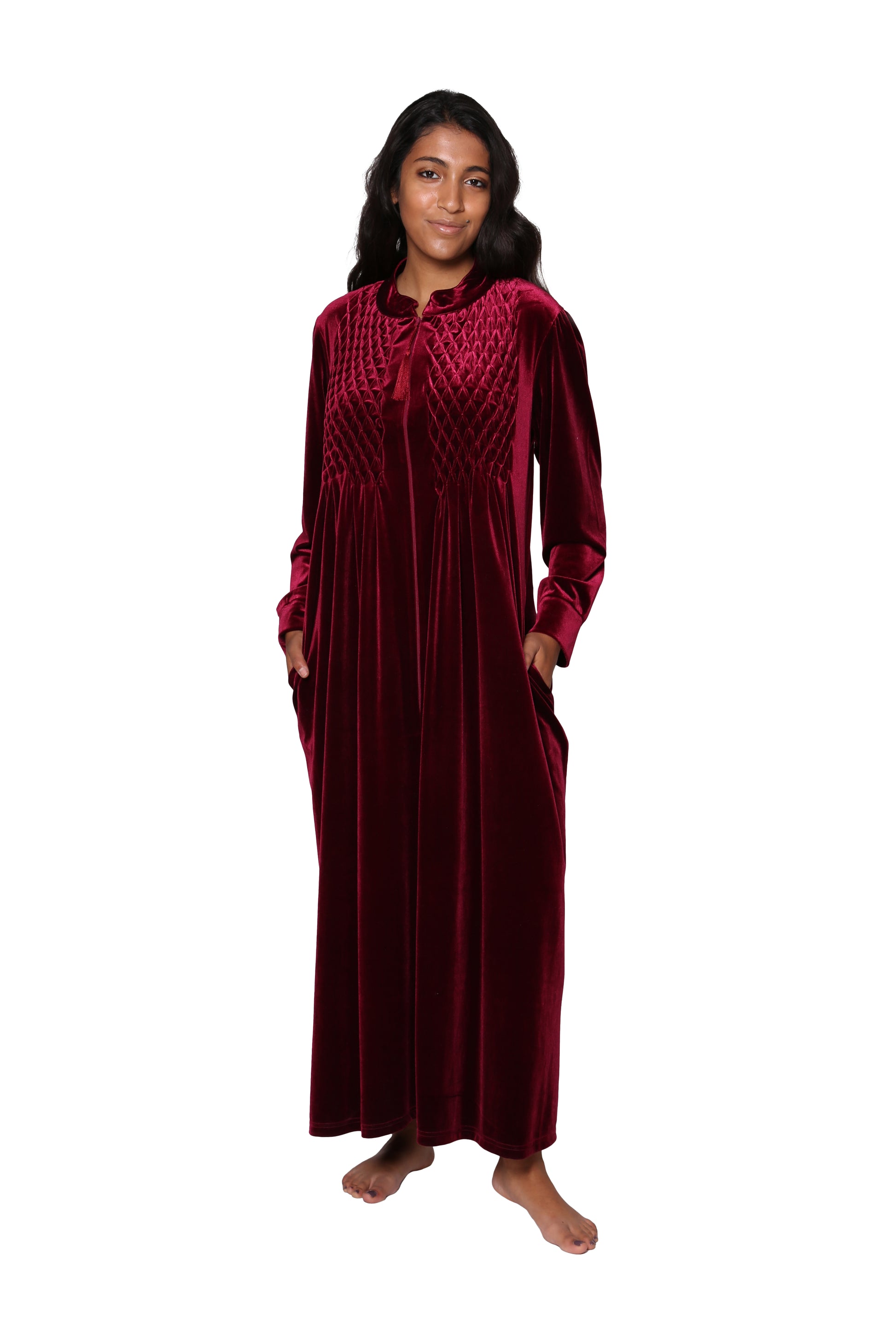 Smocked Velour Zip Front Robe - La Cera