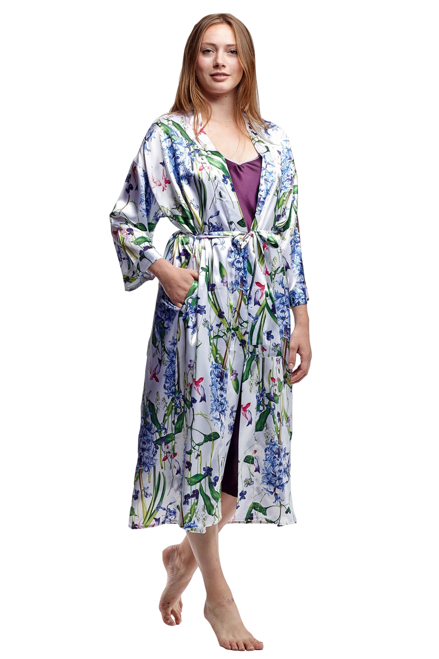 Long Floral Lilac Satin Robe - La Cera