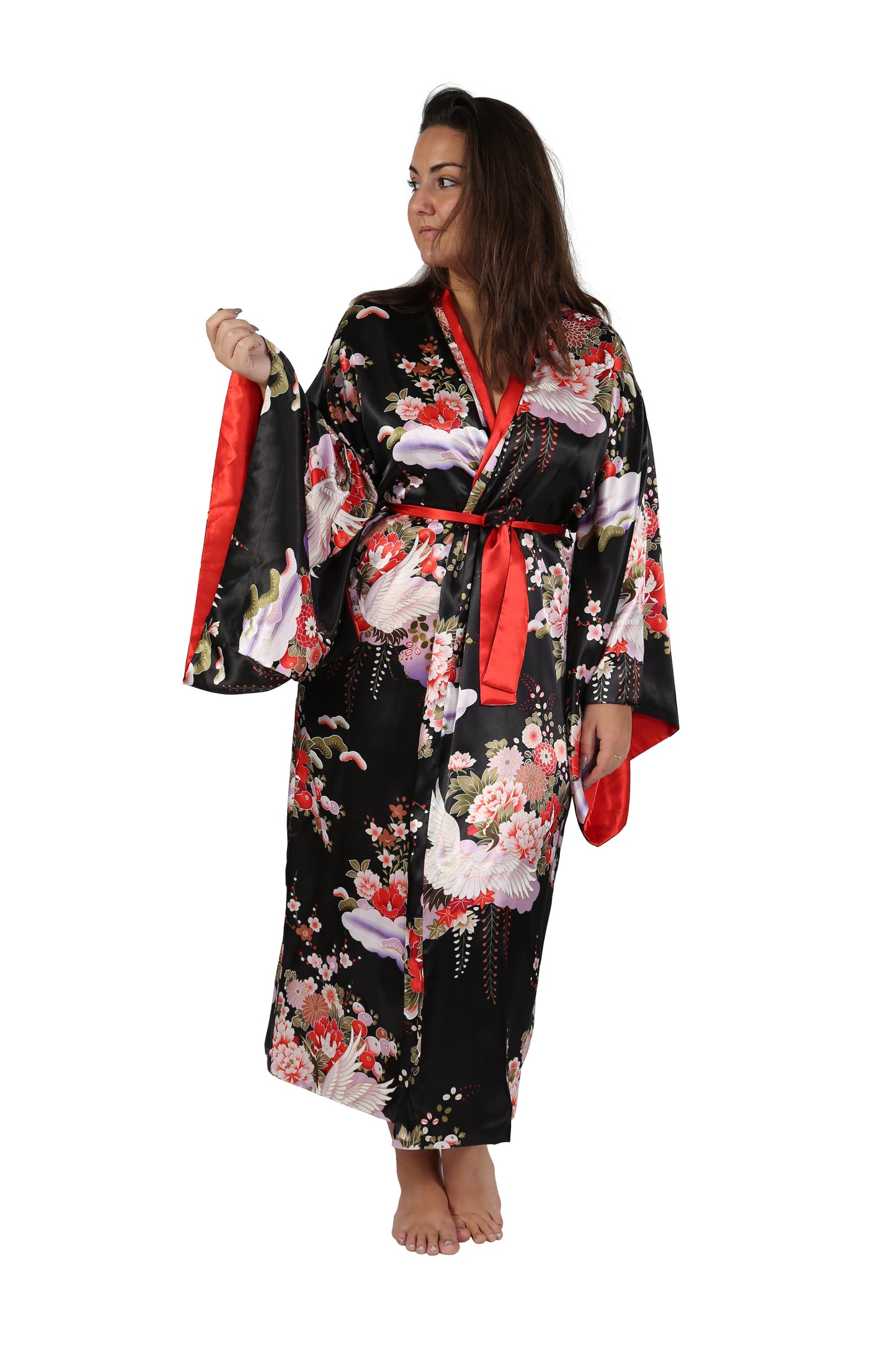 Plus Size Kimono Sleeve Floral Satin Robe - La Cera