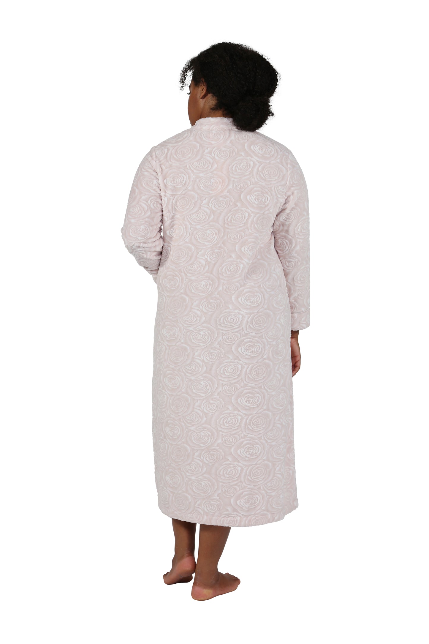 Plus Size Rose Print Minky Zip Front Fleece Robe - La Cera