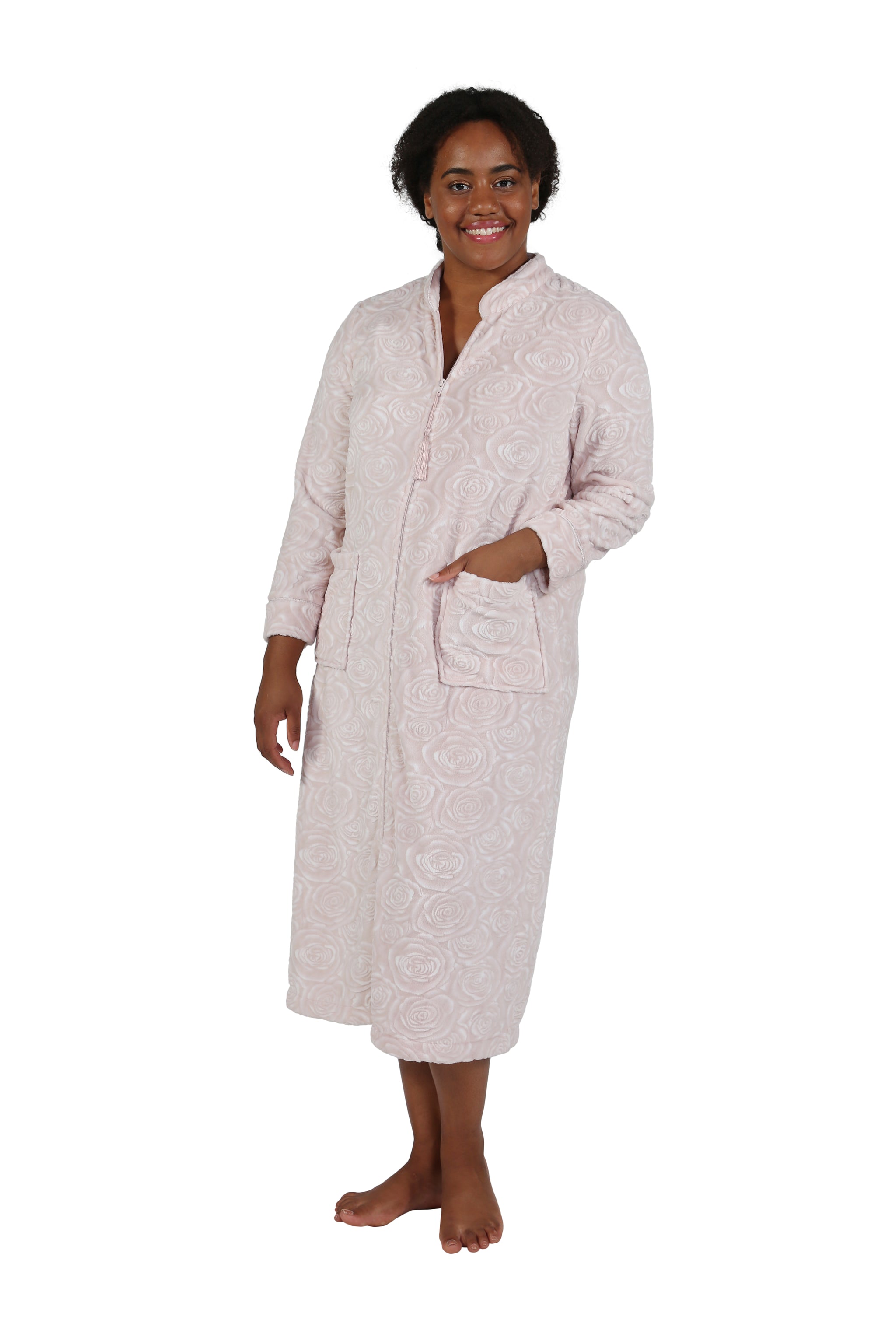 Plus Size Rose Print Minky Zip Front Fleece Robe La Cera