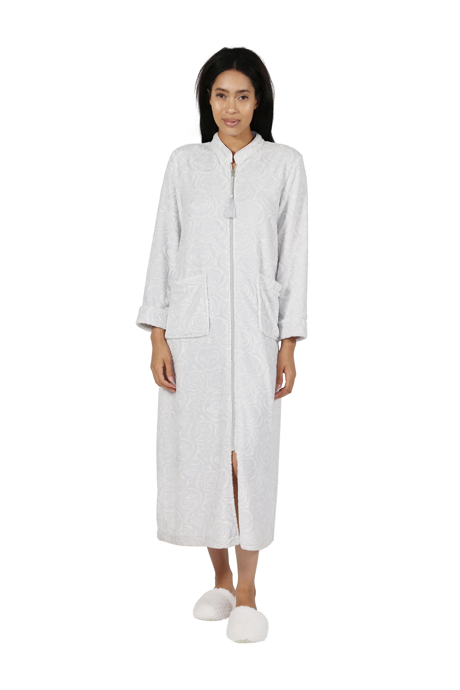 Rose Print Minky Zip Front Fleece Robe - La Cera