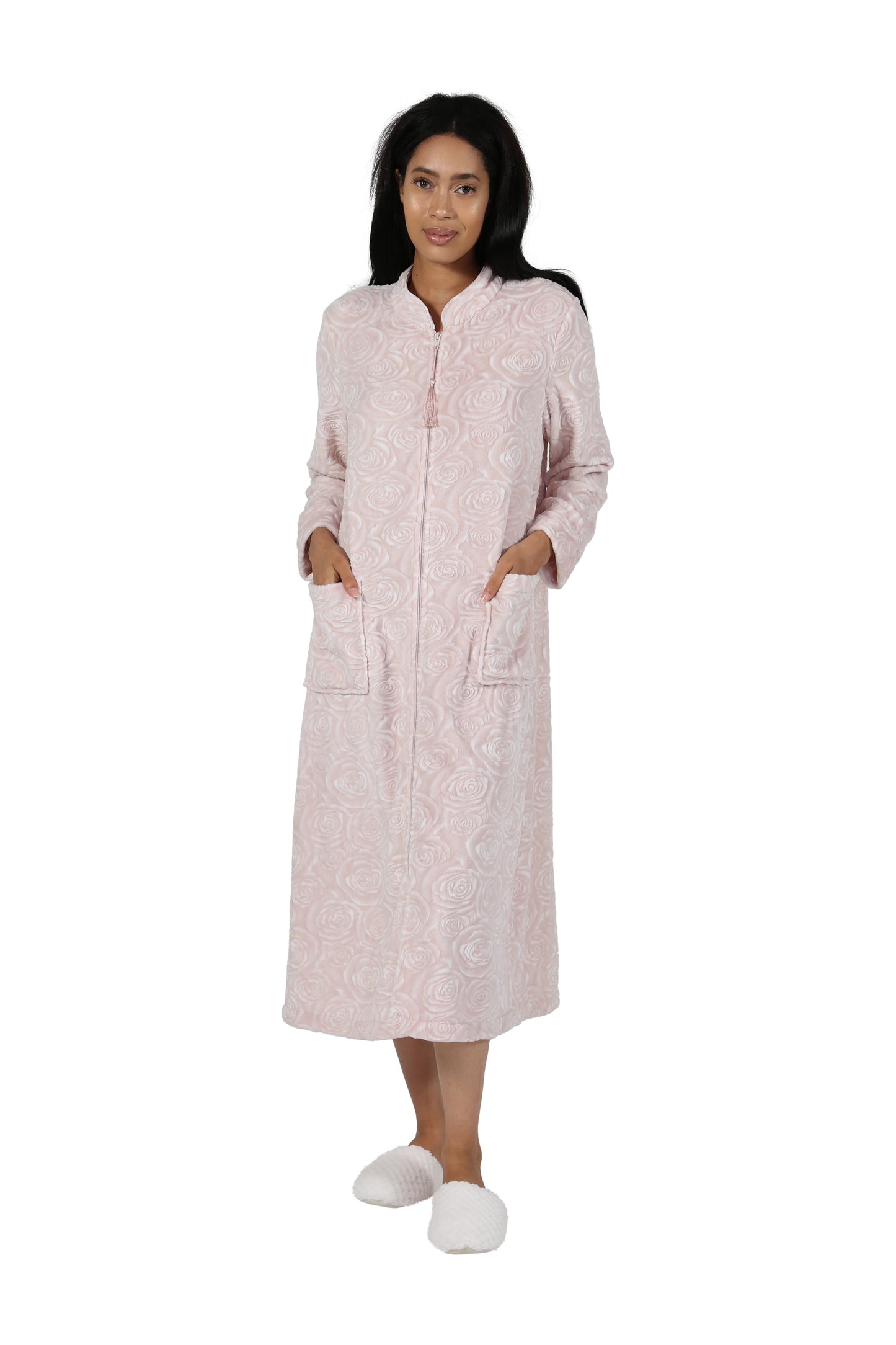 Rose Print Minky Zip Front Fleece Robe - La Cera