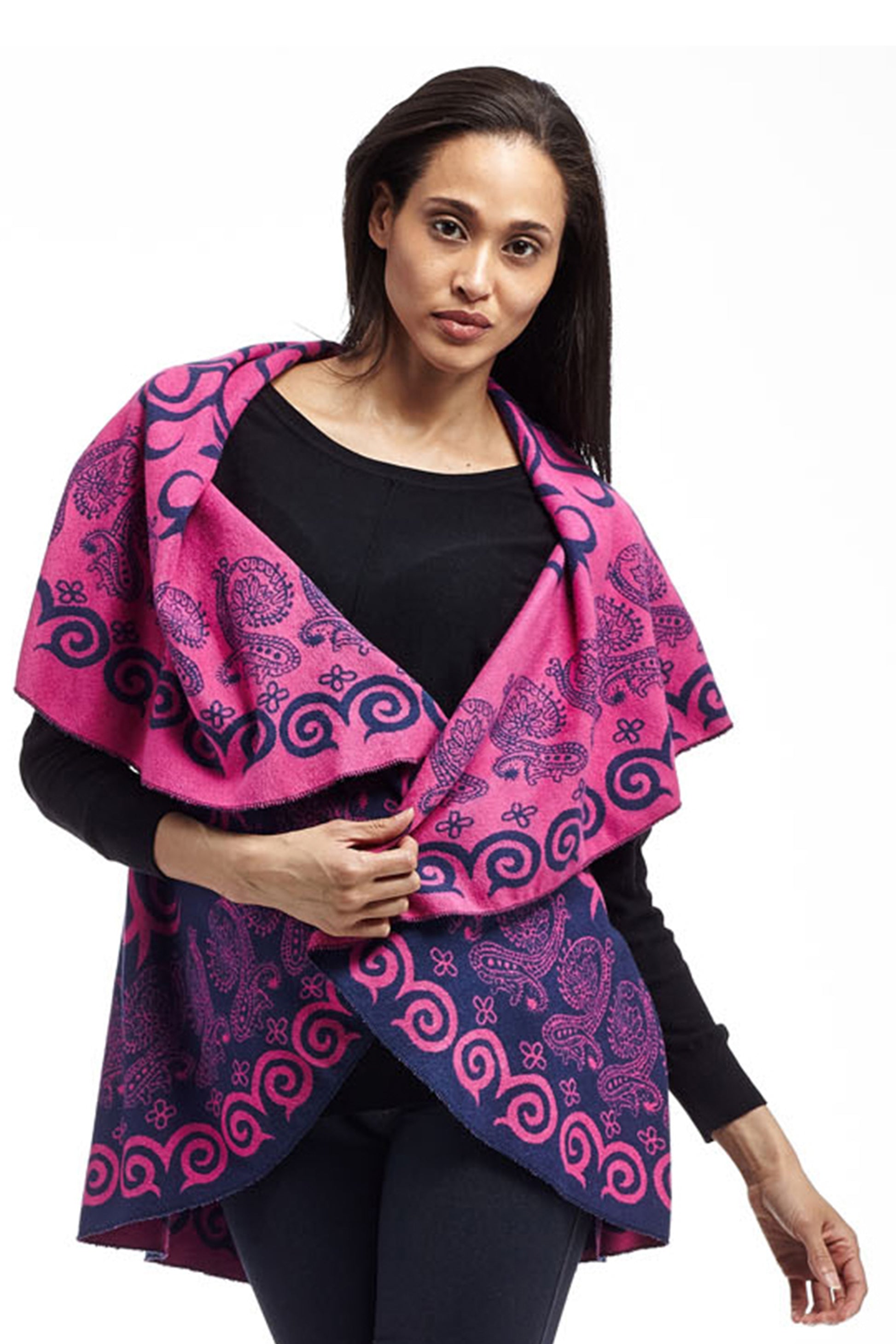 La Cera Swirl Patterned Shawl Poncho - La Cera