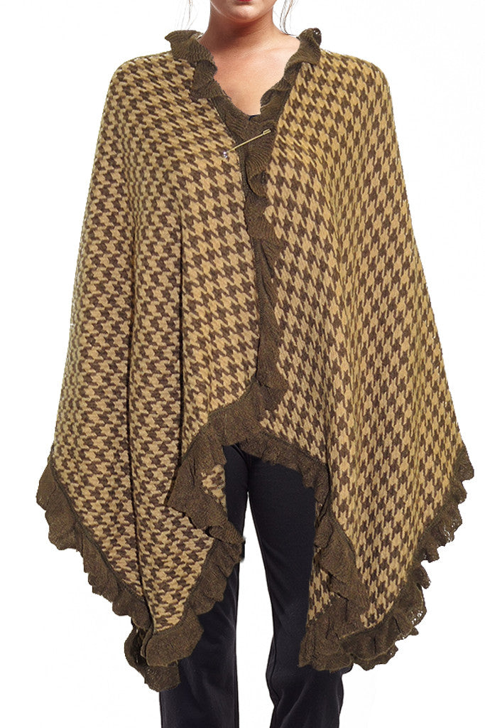 La Cera Houndstooth Split Poncho Shawl - La Cera - 1